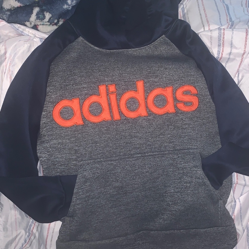 adidas Kids Gray and Navy Hoodie with Orange Logo